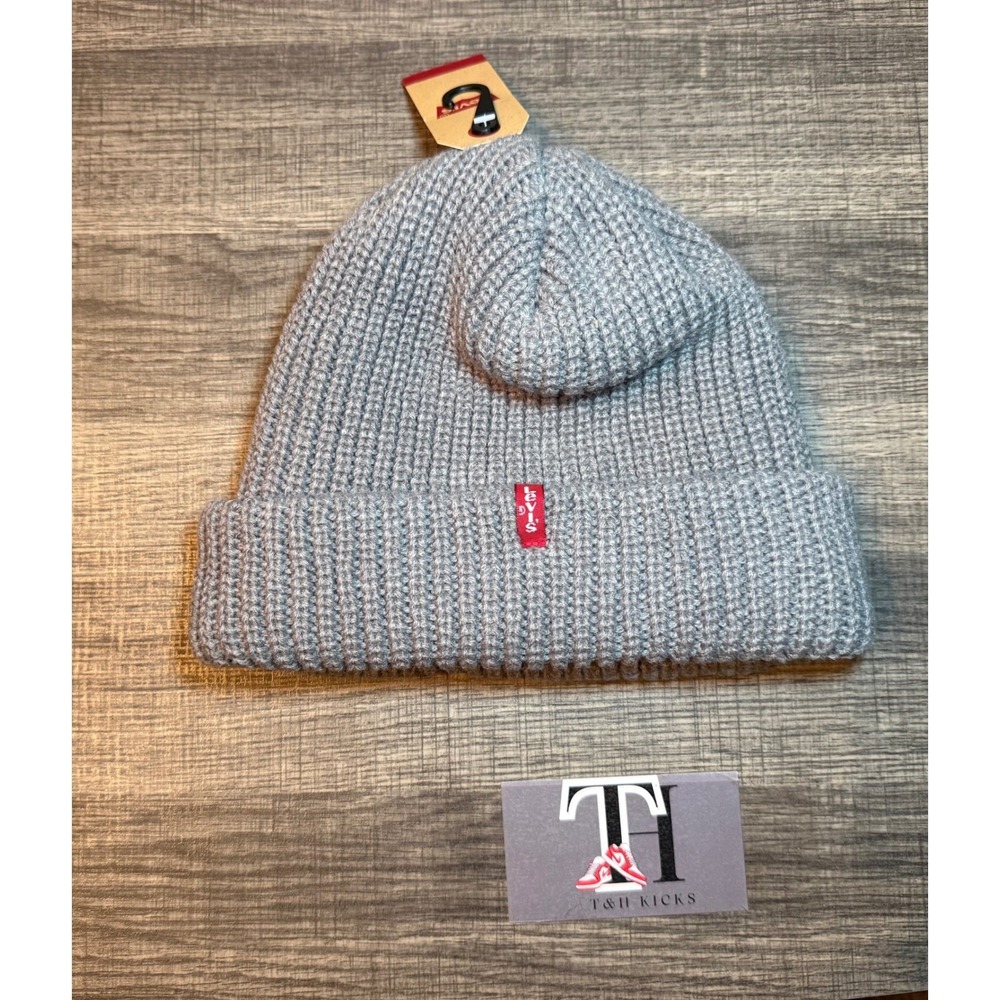 Levis Ribbed Knit Beanie Mens Light Grey Cuffed Winter Hat 55LU020044 OS NEW